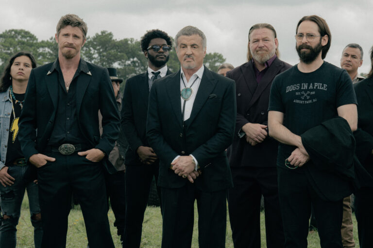 L-R: Garrett Hedlund as Mitch Keller, Jay Will as Tyson Mitchell, Sylvester Stallone as Dwight "The General" Manfredi, Cash Flo as Bigfoot, and Martin Starr as Bohdi of the Paramount+ original series TULSA KING. Photo Credit: Brian Douglas/Paramount+. © 2024 Viacom International Inc. All Rights Reserved.