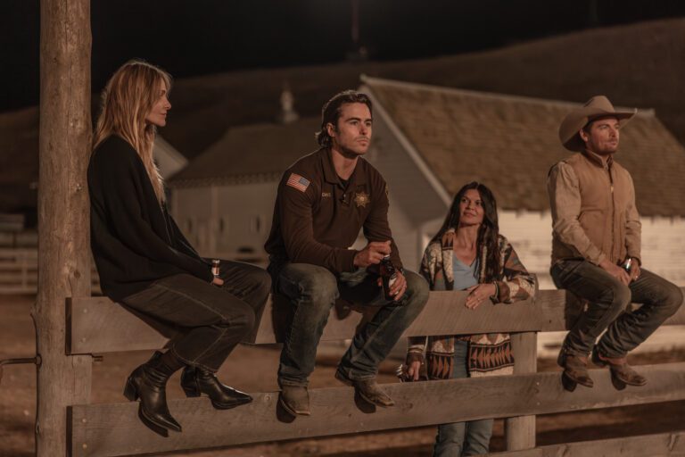 THE MADISON: Pictured (L-R): Beau Garrett as Abigail Reese, Ben Schnetzer as Van Davis, Danielle Vasinova as Kestrel Harris, Kevin Zegers as Cade Harris in season 1, episode 4 of the Paramount+ series THE MADISON. Photo Cr: Emerson Miller /Paramount + © 2026 Viacom International Inc.