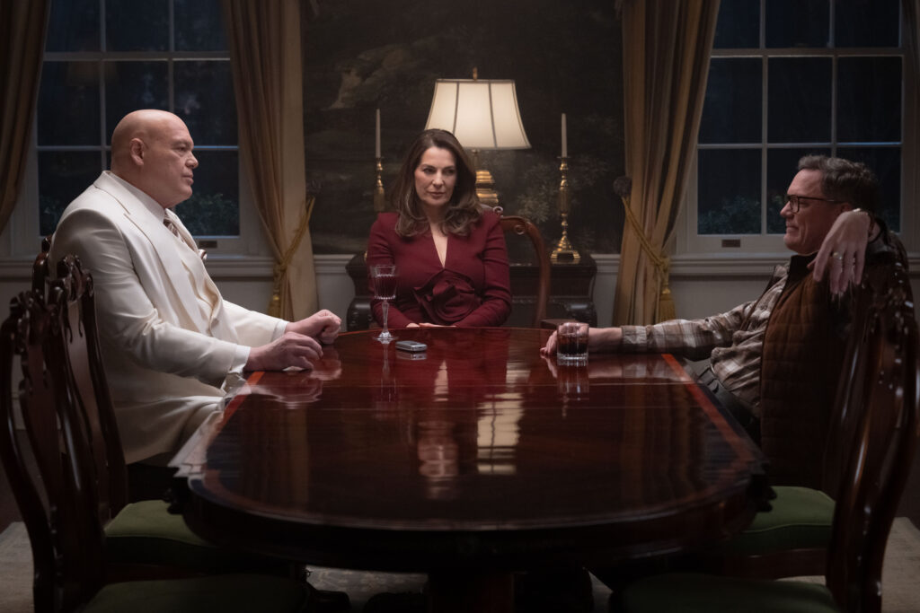 L-R: Wilson Fisk / Kingpin (Vincent D’Onofrio), Vanessa Fisk (Ayelet Zurer), and Mr. Charles (Matthew Lillard) in Marvel Television's DAREDEVIL: BORN AGAIN, exclusively on Disney+. Photo by Jojo Whilden. © 2025 MARVEL.
