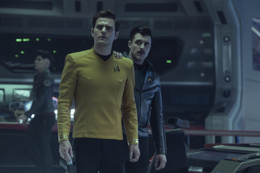 (L-R): Paul Wesley as James T. Kirk and Dan Jeannotte as Sam Kirk in season 4, episode 2, of Star Trek: Strange New Worlds streaming on Paramount+, 2026. Photo Credit: Jan Thijs/Paramount+