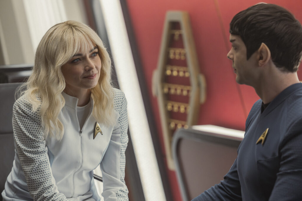 (L-R): Jess Bush as Christine Chapel and Ethan Peck as Spock in season 4, episode 2, of Star Trek: Strange New Worlds streaming on Paramount+, 2026. Photo Credit: Jan Thijs/Paramount+